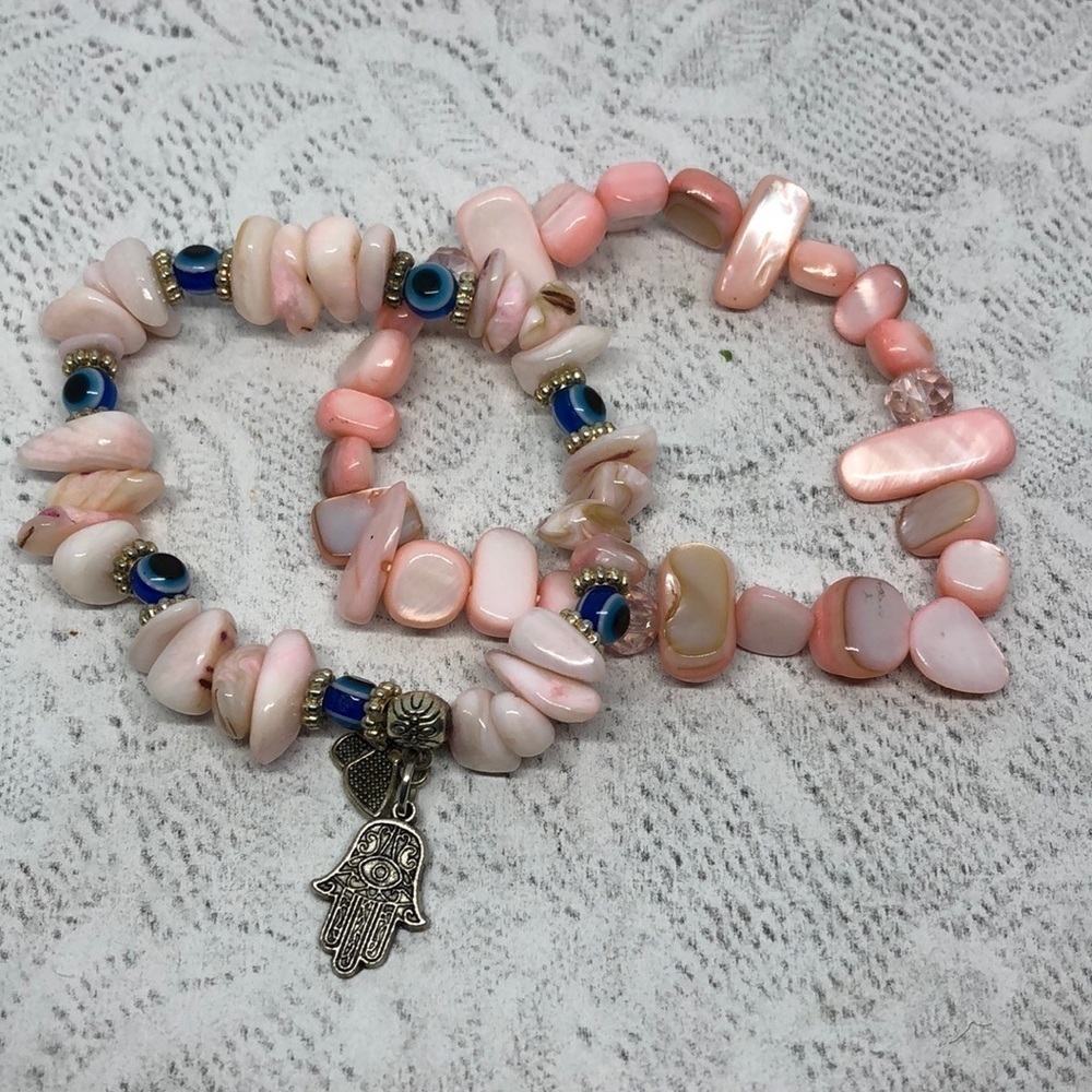 CURATED bundle natural shell stretch and evil eye charm bracelets